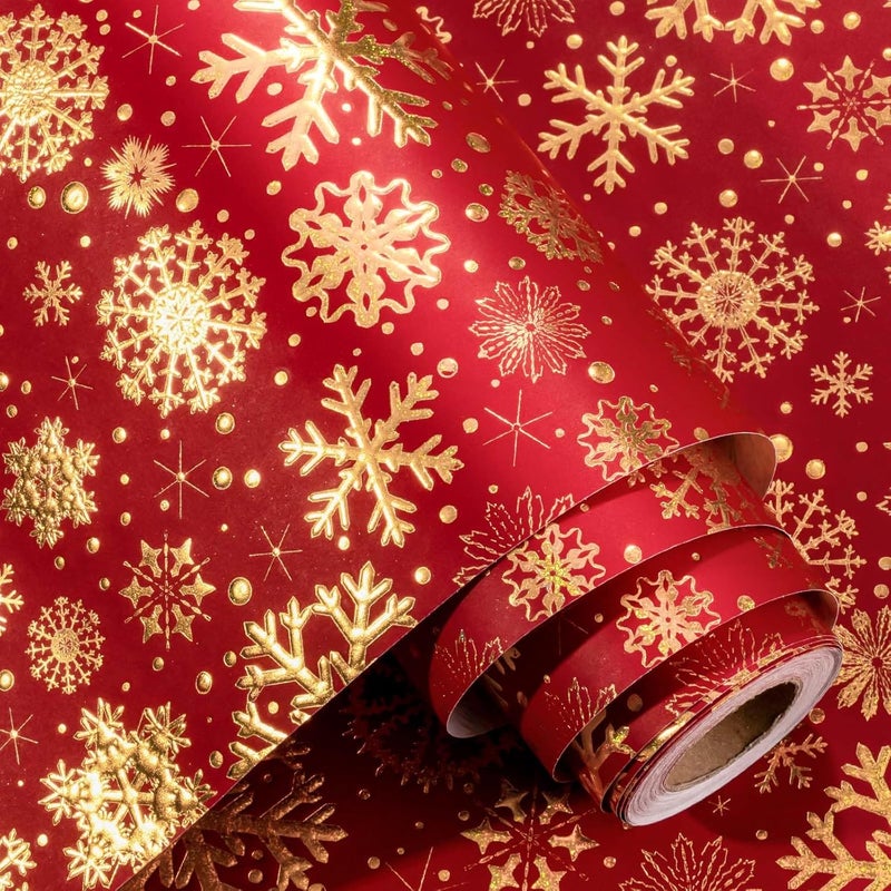 Yarcony Christmas Wrapping Paper, Embossed Snowflake Wrapping Paper, Kraft Classy Sparkle 3D Red & Gold Snowflake Holiday Gift Wrap for Winter Party, Festive Decoration (Mini Roll, 17 Inch X 33 Feet) - Image 1
